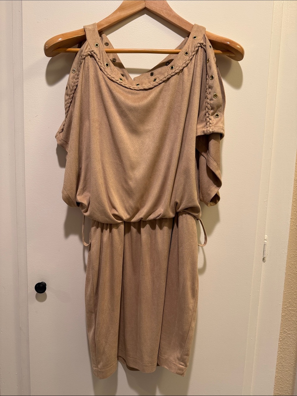 XOXO Taupe One-Shoulder Eyelet Detail Dress